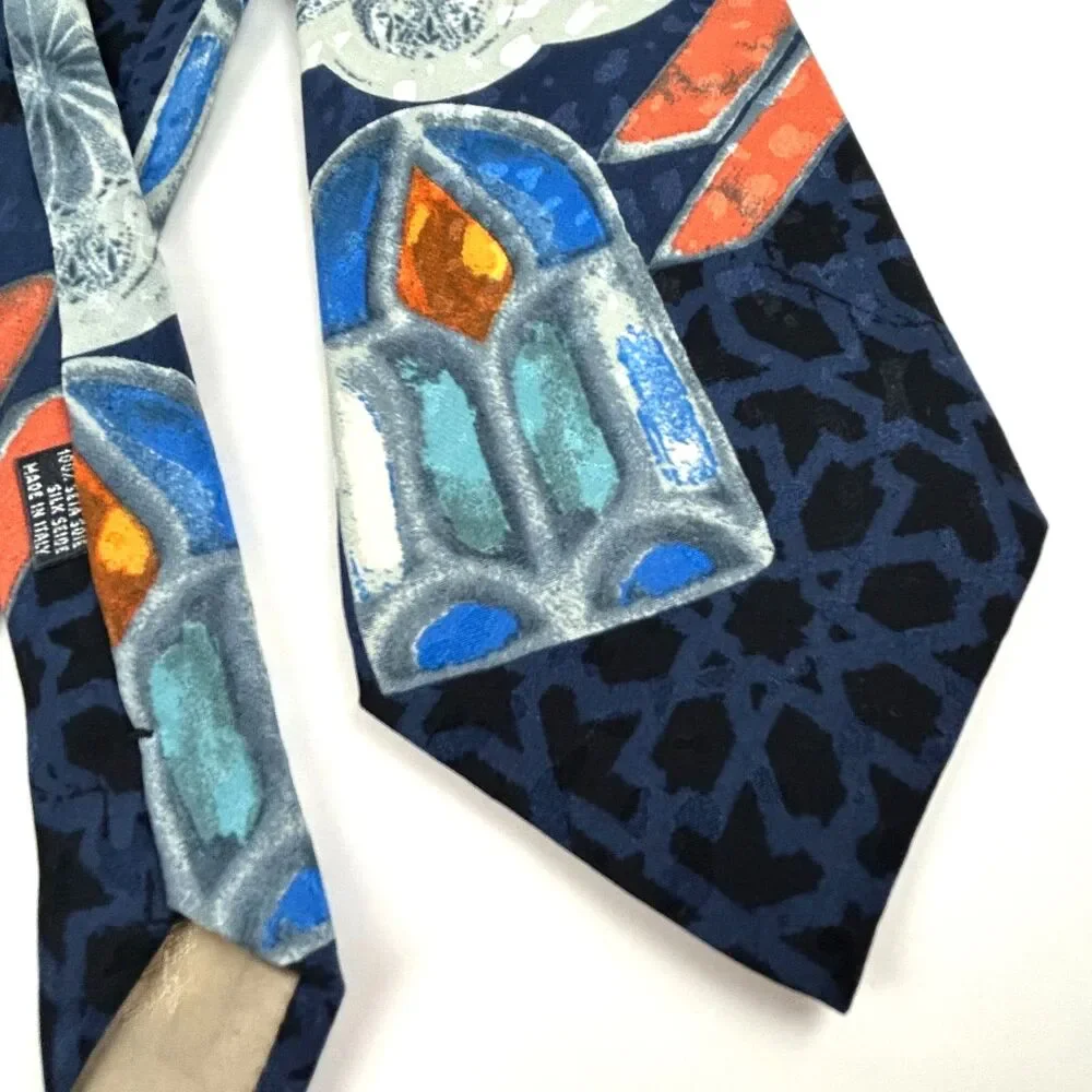 Hubert Milano Italy Blue Orange Graphic Silk Neck Tie